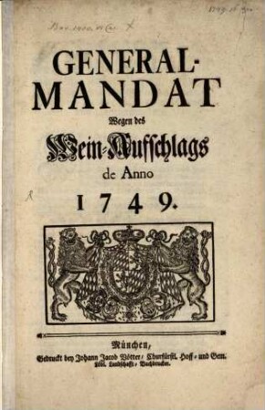 General-Mandat Wegen des Wein-Aufschlags de Anno 1749