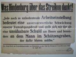 Maueranschlag mit einem Zitat von Hindenburg gegen Streiks in der deutschen Wirtschaft