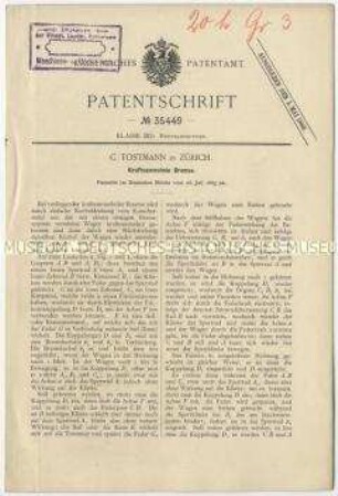 Patentschrift einer kraftsammelnden Bremse, Patent-Nr. 35449