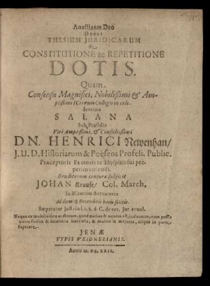 Decas Thesium Iuridicarum de Constitutione ac Repetitione Dotis