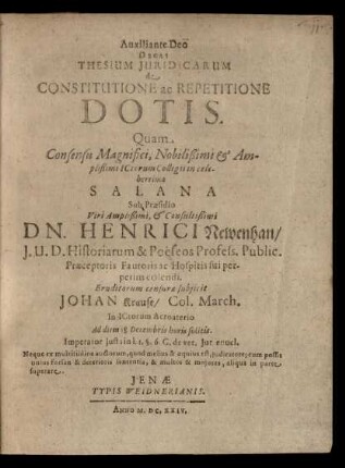 Decas Thesium Iuridicarum de Constitutione ac Repetitione Dotis