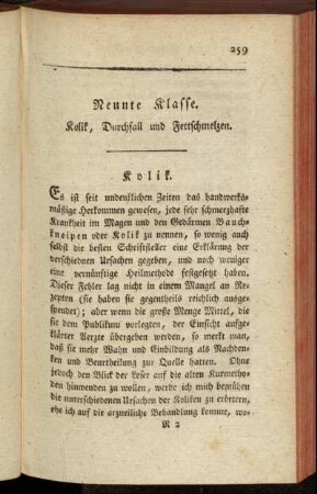 Neunte Klasse. Kolik, Durchfall und Fettschmelzen.