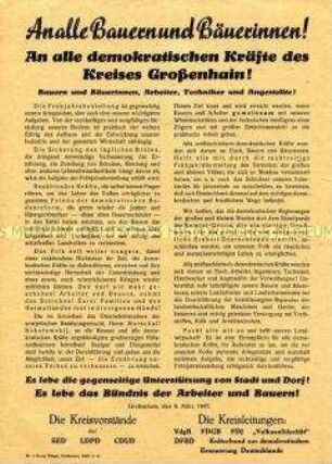 Aufruf des demokratischen Blocks Großenhain an die Landbevölkerung zur Frühjahrsbestellung 1947