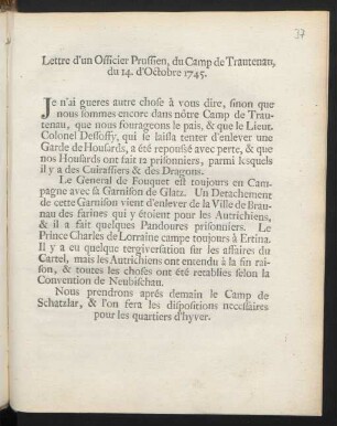 Lettre d'un Officier Prussien, du Camp de Trautenau, du 14. d'Octobre 1745