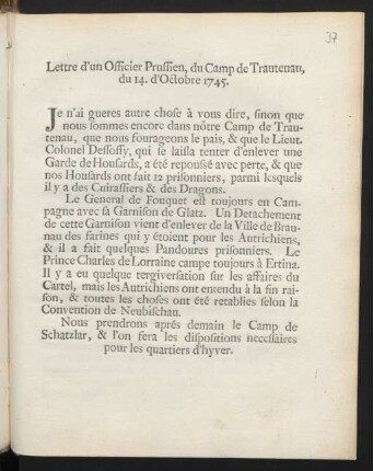 Lettre d'un Officier Prussien, du Camp de Trautenau, du 14. d'Octobre 1745