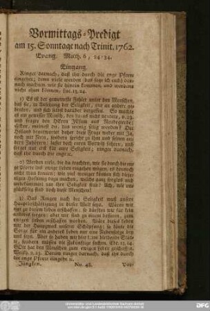 [No. 48.] Vormittags-Predigt am 15. Sonntage nach Trinit. 1762. Evang. Matth. 6, 24 - 34.