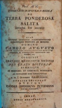 Dissertatio Inauguralis Medica De Terra Ponderosa Salita Eiusque Usu Medico