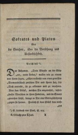 Sokrates und Platon über die Gottheit, über die Vorsehung und Unsterblichkeit