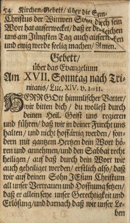 Gebett/ über das Evangelium Am XVII. Sonntag nach Trinitatis/ ...