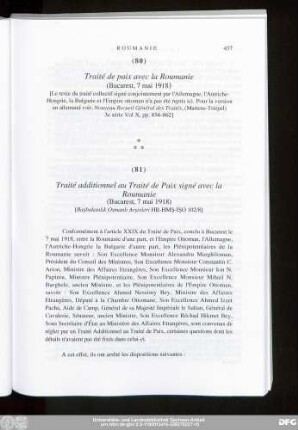 (81) Traité additionnel au Traité de Paix signé avec la Roumanie (Bucarest, 7 mai 1918)