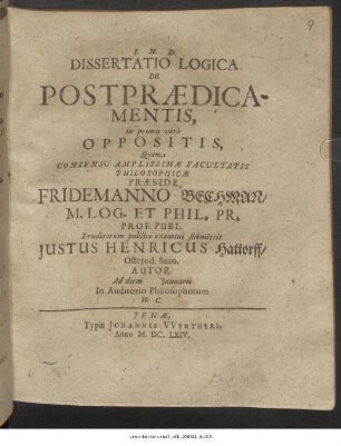 Dissertatio Logica De Postpraedicamentis, in primis vero Oppositis