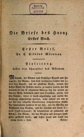 Horazens Briefe, Erster Theil
