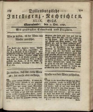 XLIX. Stück. Sonnabends: den 3. Dec. 1791.