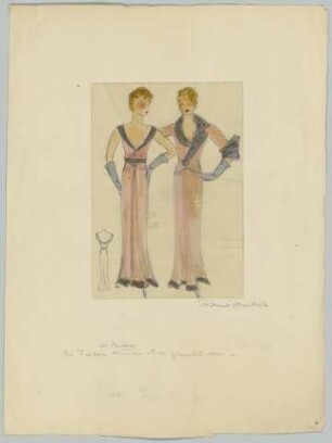 Zwei Figurinen und eine Detailansicht: Ein ärmelfreies, bodenlanges Kleid mit passender Jacke (Archivtitel)