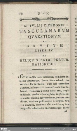 Tusculanarum Quaestionum Ad Brutum Liber IV. De Reliquis Animi Perturbationibus