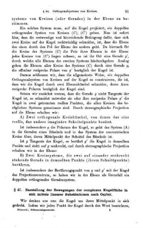 § 45. Darstellung der Bewegungen der complexen Kugelflächen in sich mittels linearer Substitutionen nach Cayley.