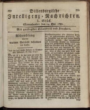 L. Stück. Sonnabends: den 14. Dec. 1793.
