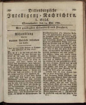 L. Stück. Sonnabends: den 14. Dec. 1793.