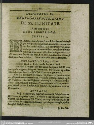 Disputatio IV. Anti-Coppensteiniana De SS. Trinitate, Respondente Marco Crugero