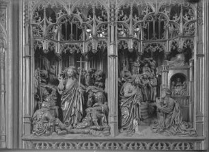 Rechter Innenflügel, Innenseite: Grablegung, Christi Erscheinung vor den Aposteln, Auferstehung und Noli me tangere