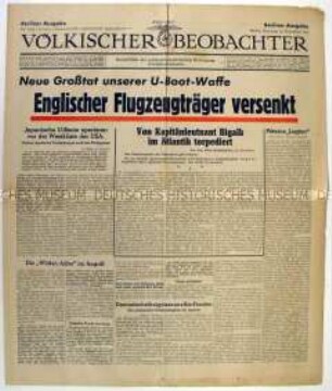Tageszeitung "Völkischer Beobachter" u.a. zur Versenkung eines britischen Flugzeugträgers durch deutsche U-Boote