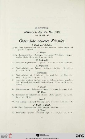 II. Auctionstag: Mittwoch, den 25. Mai 1910, von 10 Uhr ab. Ölgemälde neuerer Künstler (Nr. 175-369)