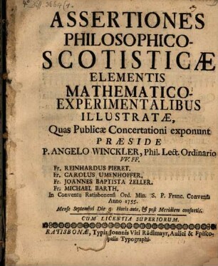 Assertiones philosophico-scotisticae elementis mathematico-experimentalibus illustratae