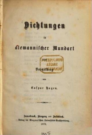 Dichtungen in alemannischer Mundart aus Vorarlberg, 1