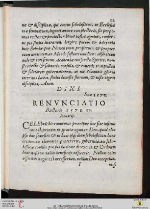 Renvnciatio Rectoris 1573. 20. Ianuarij