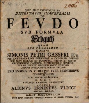 Dissertatio Inavgvralis De Fevdo Svb Formvla Erbguth
