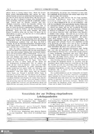 Verzeichnis der zur Prüfung eingelaufenen Lehrlingsarbeiten