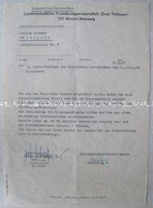 Schreiben einer LPG an einen Kulturschaffenden zwecks dessen Mitwirkung an einer Veranstaltung