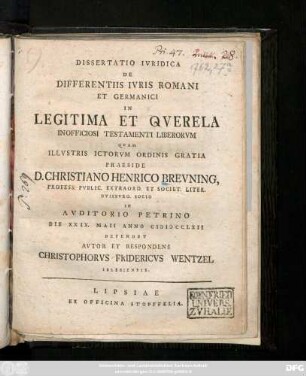 Dissertatio Ivridica De Differentiis Ivris Romani Et Germanici In Legitima Et Qverela Inofficiosi Testamenti Liberorvm