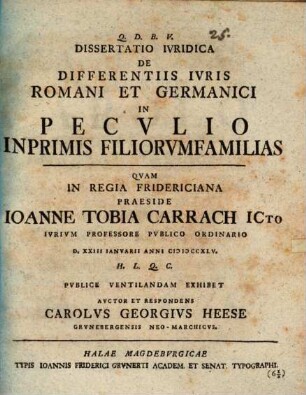 De differentiis iuris Romani et Germanici in peculio inprimis filiorum familias