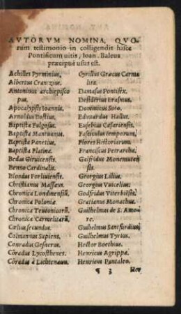 Autorum Nomina, Quorum testimonio in colligendis hisce Pontificum vitis ... usus est.
