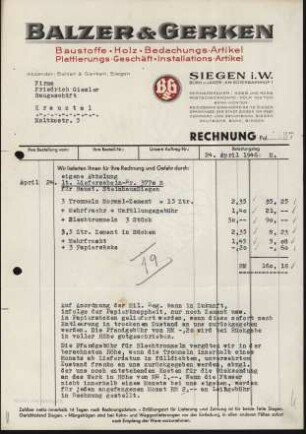 Firmenbriefkopf Balzer & Gerken, Baustoffe, Holz, Bedachungs - Artikel, Plattierungs - Geschäft, Installation - Artikel