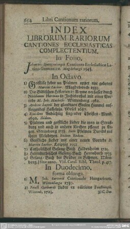 Index Librorum Rariorum Cantiones Ecclesiasticas Complectentium