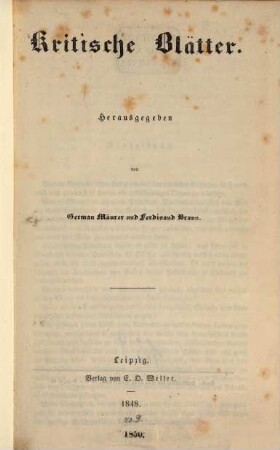 Kritische Blätter. 1848, 1848 (1850)