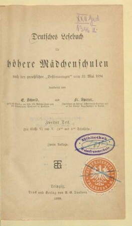 Teil 2, [Schülerband]: Für Klasse VI und V (4tes und 5tes Schuljahr)