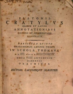 Platonis Cratylus : Graece Et Latine Annotationibus Criticis Et Grammaticis Illustratus