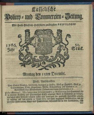 50. Stueck, Montag den 15ten Decembr. 1766