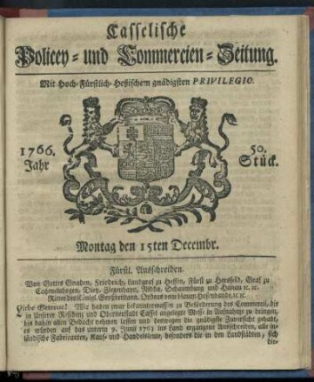 50. Stueck, Montag den 15ten Decembr. 1766