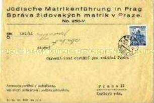 Kuvert-Vordruck der Jüdischen Matrikenführung in Prag
