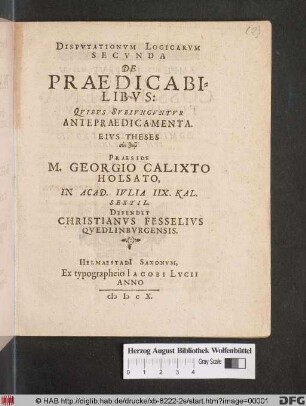 Disputationum Logicarum Secunda De Praedicabilibus