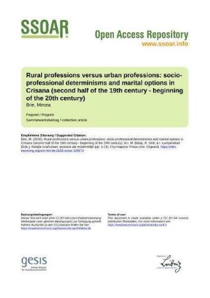 Rural professions versus urban professions: socio-professional determinisms and marital options in Crisana (second half of the 19th century - beginning of the 20th century)