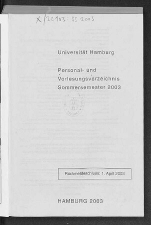 SS 2003: Personal- und Vorlesungsverzeichnis // Hamburgische Universität