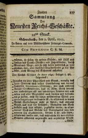 22tes Stuck. Schwabach, den 2. April, 1757.