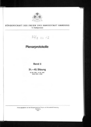 Wahlper. 14.1991/93, Bd. 3: Plenarprotokoll // Bürgerschaft der Freien und Hansestadt Hamburg