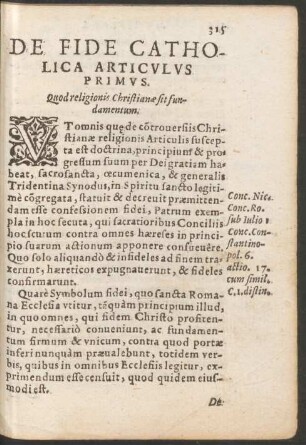 De Fide Catholica Articulus Primus.