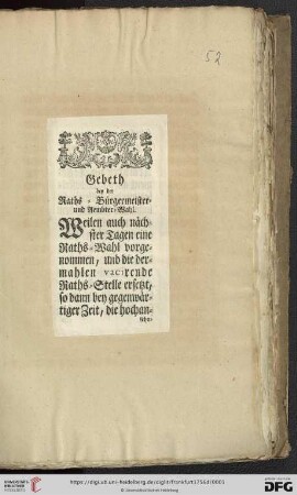 Gebeth bey der Raths- Bürgermeister- und Aembter-Wahl